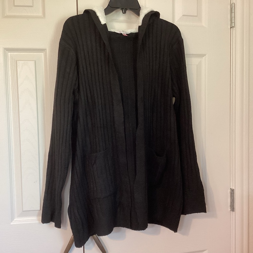 New NOBO XXL 19 black ribbed knit cardigan sweater white faux fur lined hood